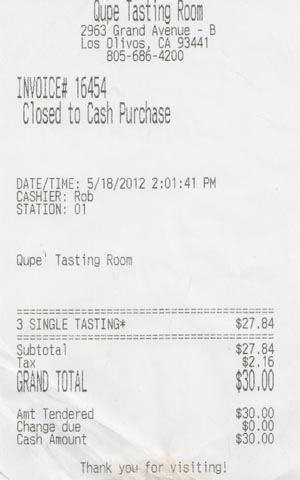 Receipt, Qup&eacute; Wines Tasting Room, 2963 Grand Avenue, Los Olivos, California