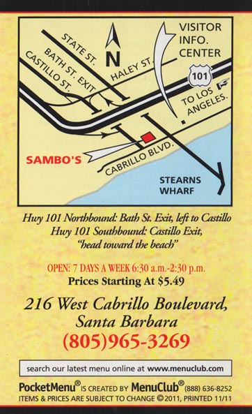 Menu, Sambo's Restaurant, 216 West Cabrillo Boulevard, Santa Barbara, California