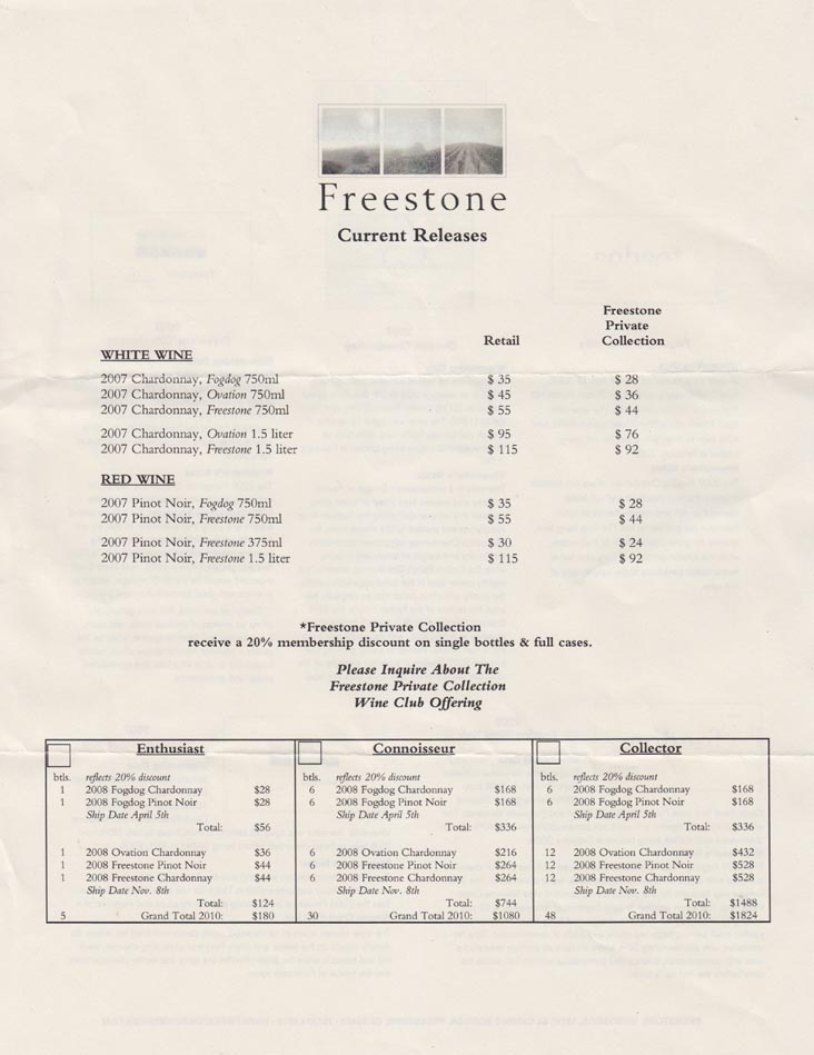 Current Releases, Freestone Vineyards, 12747 El Camino Bodega, Freestone, California