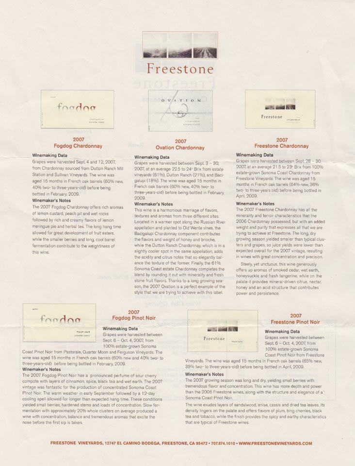 Current Releases, Freestone Vineyards, 12747 El Camino Bodega, Freestone, California