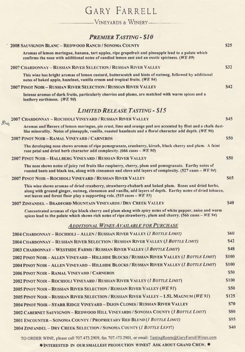 Tasting Menu, Gary Farrell Vineyards & Winery, 10701 Westside Road, Healdsburg, California