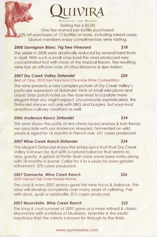 Tasting Menu, Quivira Vineyards & Winery, 4900 West Dry Creek Road, Healdsburg, California
