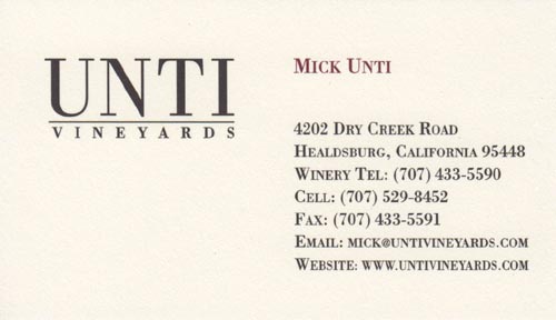 Business Card, Unti Vineyards, 4202 Dry Creek Road, Healdsburg, California