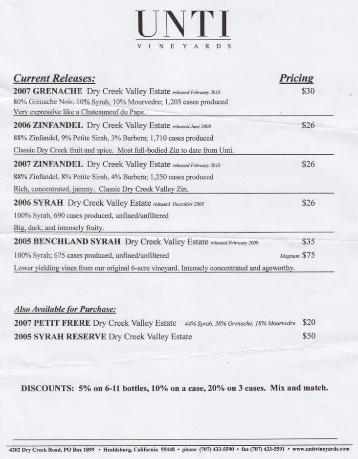 Current Releases, Unti Vineyards, 4202 Dry Creek Road, Healdsburg, California