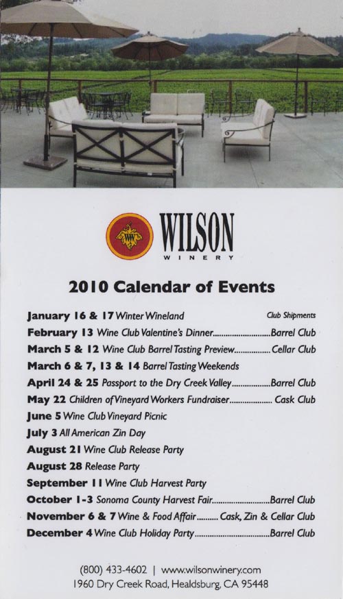 Calendar Of Events, Wilson Winery, 1960 Dry Creek Road, Healdsburg, California