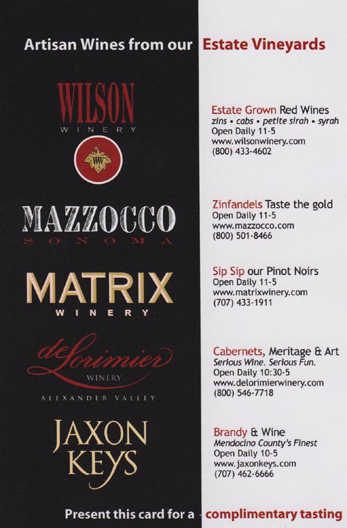 Complimentary Tasting Card, Wilson Winery, 1960 Dry Creek Road, Healdsburg, California