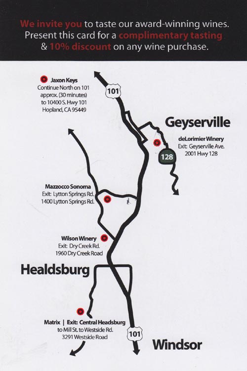 Complimentary Tasting Card, Wilson Winery, 1960 Dry Creek Road, Healdsburg, California