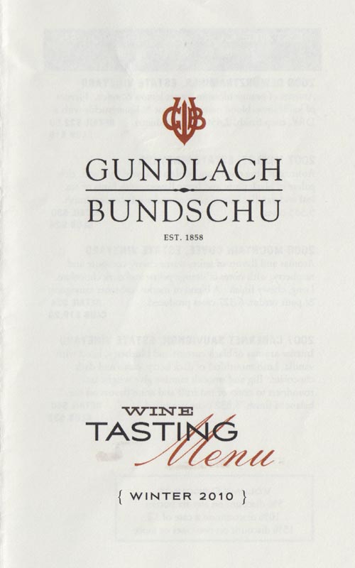 Winter 2010 Tasting Menu, Gundlach Bundschu Winery, 2000 Denmark Street, Sonoma, California