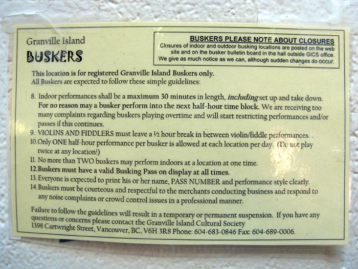 Buskers Notice, Granville Island Public Market, Granville Island, Vancouver, BC, Canada
