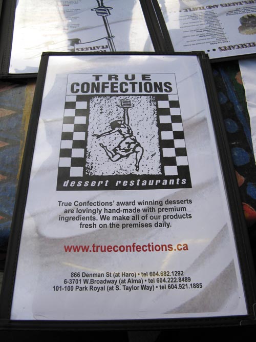 Menu, True Confections, 866 Denman Street, West End, Vancouver, BC, Canada