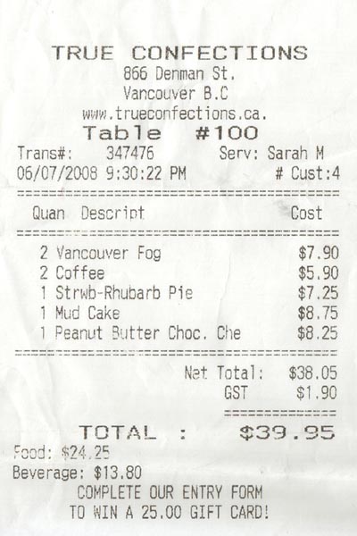 Receipt, True Confections, 866 Denman Street, West End, Vancouver, BC, Canada