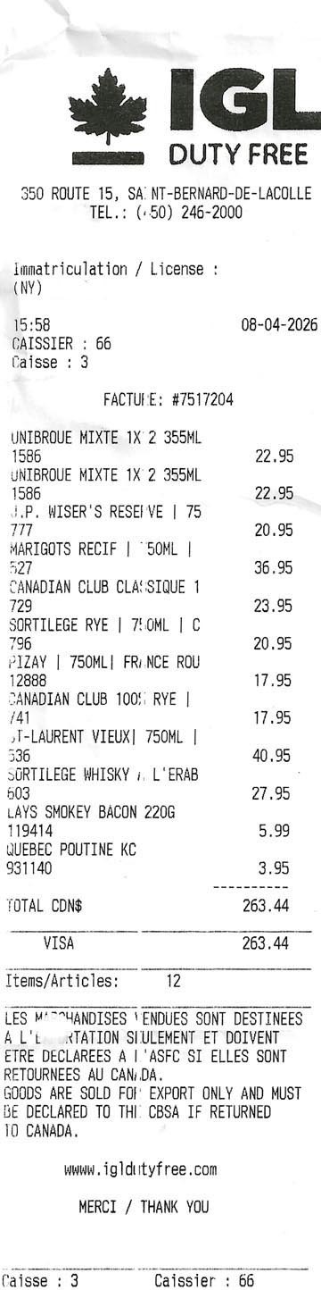 Receipt, IGL Duty Free, Saint-Bernard-de-Lacolle, Qu&eacute;bec, Canada, April 8, 2026