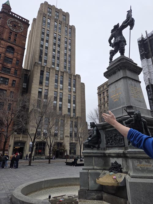 Aldred Building and Maisonneuve Monument, Place d'Armes, Montr&eacute;al, Canada, April 5, 2026