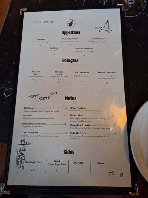 Menu, Au Pied de Cochon, Montr&eacute;al, Canada, April 5, 2026