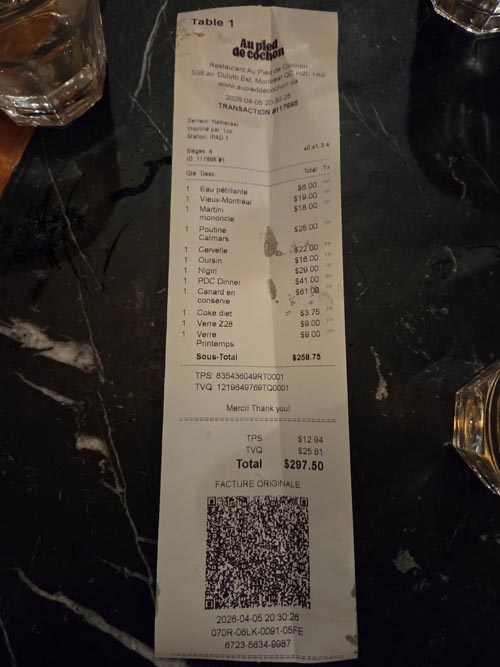 Check, Au Pied de Cochon, Montr&eacute;al, Canada, April 5, 2026