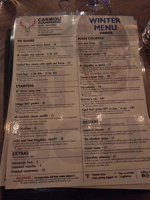 Menu, Caribou Gourmand, Montr&eacute;al, Canada, April 4, 2026