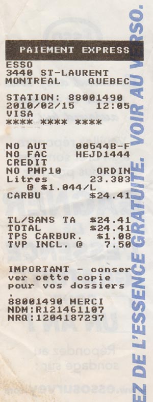 Receipt, Esso, 3440 Boulevard Saint-Laurent, Montr&eacute;al, Canada, February 15, 2010