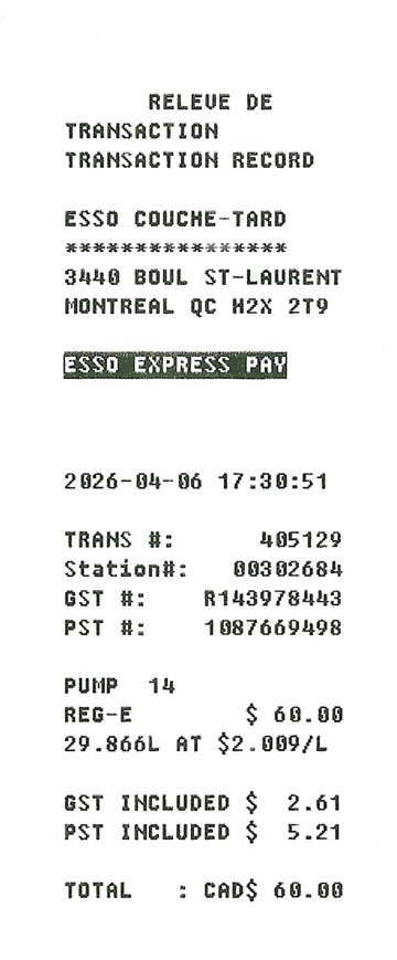 Receipt, Esso, 3440 Boulevard Saint-Laurent, Montr&eacute;al, Canada, April 6, 2026