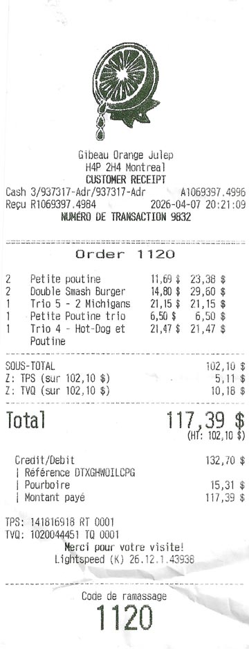 Receipt, Gibeau Orange Julep, Montr&eacute;al, Canada, April 7, 2026