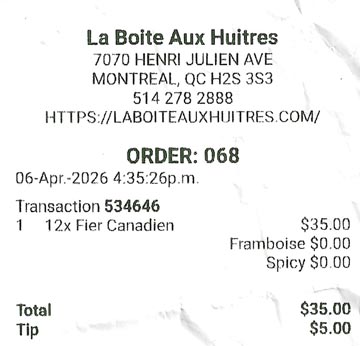 La Bo&icirc;te aux Hu&icirc;tres Receipt, April 6, 2026