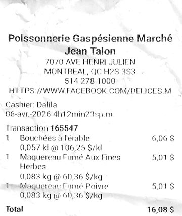 Les D&eacute;lices de la Mer Receipt, April 6, 2026
