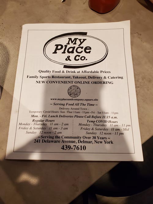 Menu, My Place & Company, Delmar, New York, March 29, 2021