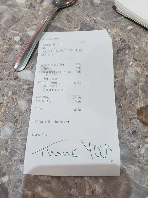 Check, Quickway Diner, Bloomingburg, New York, July 20, 2024