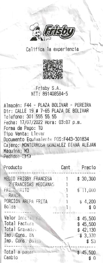 Frisby Receipt, Colombia