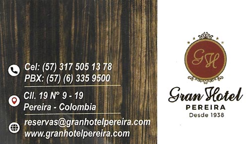 Business Card, Gran Hotel, Calle 19 #9-19, Pereira, Colombia