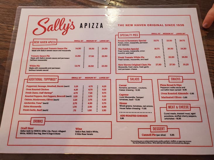 Menu, Sally's Apizza, 237 Wooster Street, New Haven, Connecticut, August 31, 2022