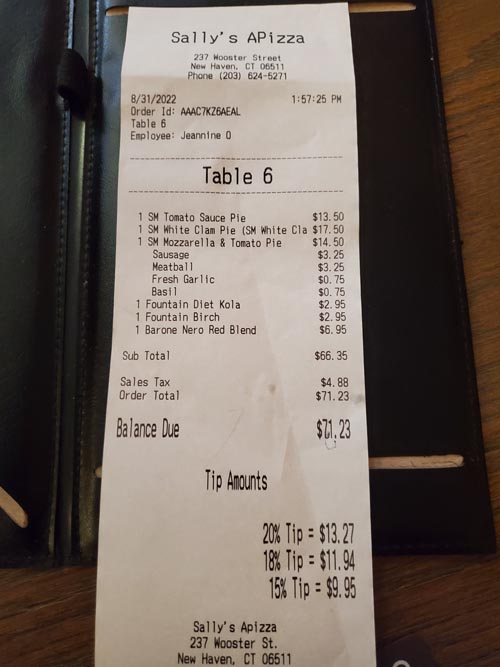 Check, Sally's Apizza, 237 Wooster Street, New Haven, Connecticut, August 31, 2022