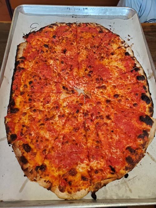 Large Mozzarella and Tomato Pie, Sally's Apizza, 237 Wooster Street, New Haven, Connecticut, August 19, 2024