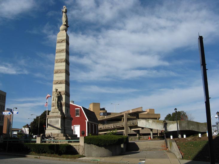 Soldiers' and Sailors' Monument and Nathan Hale Schoolhouse, New London Parade Plaza, New London, Connecticut, October 19, 2008