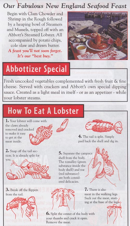 Menu, Abbott's Lobster in the Rough, 117 Pearl Street, Noank, Connecticut