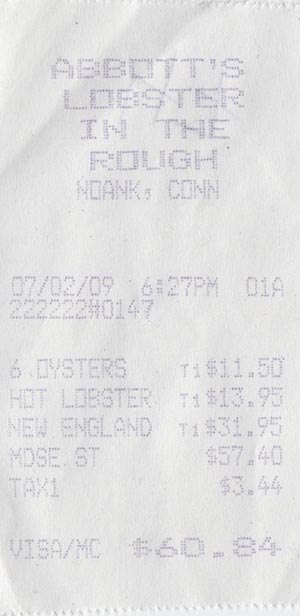 Receipt, Abbott's Lobster in the Rough, 117 Pearl Street, Noank, Connecticut