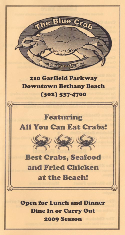 Menu, The Blue Crab, 210 Garfield Parkway, Bethany Beach, Delaware