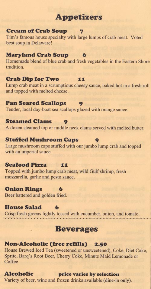 Appetizers, Menu, The Blue Crab, 210 Garfield Parkway, Bethany Beach, Delaware