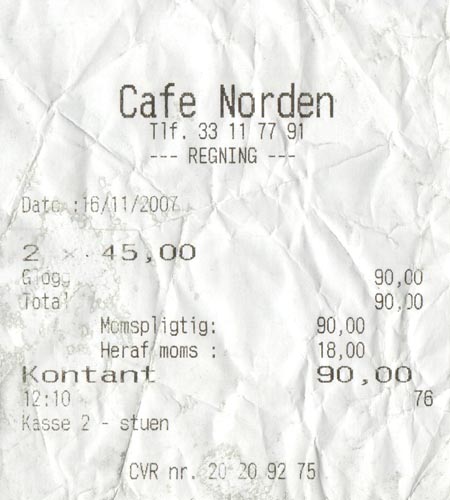 Receipt, Café Norden, Østergade 61, Copenhagen, Denmark