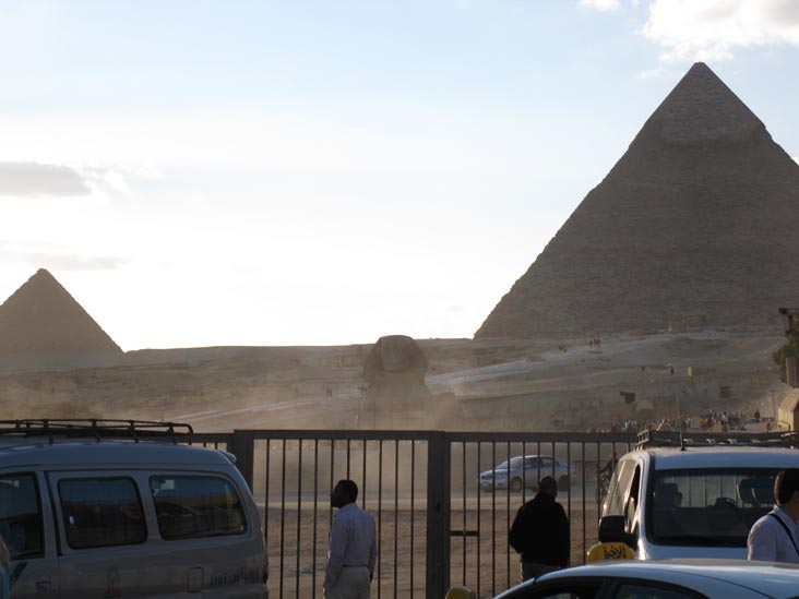 View Of Pyramid of Menkaure, Great Sphinx of Giza and Pyramid of Khafre From Street Outside Giza Pyramid Complex, Cairo, Egypt