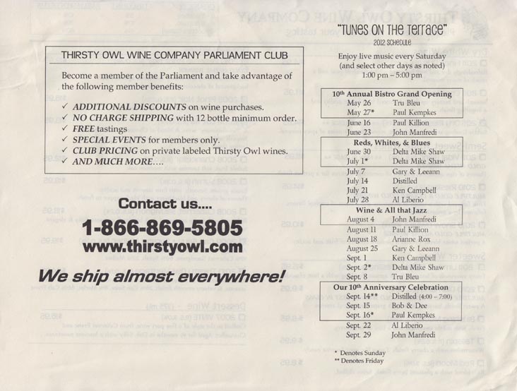 Tasting List, Thirsty Owl Wine Company, 6861 New York State Route 89, Ovid, New York