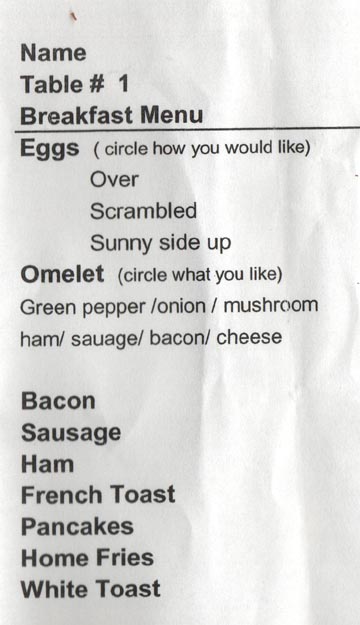 Sunday Breakfast Order Ticket, Loyal Order of the Moose, Ithaca Lodge, Ithaca, New York