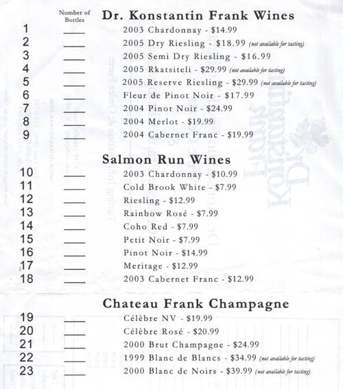 Wine List, Dr. Konstantin Frank Vinifera Wine Cellars, 9749 Middle Road, Hammondsport, New York, July 16, 2006