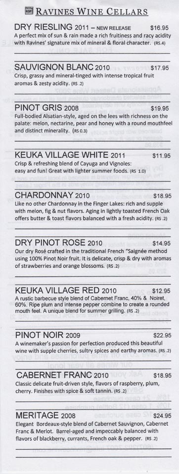 Ravines Wine Cellars Tasting List