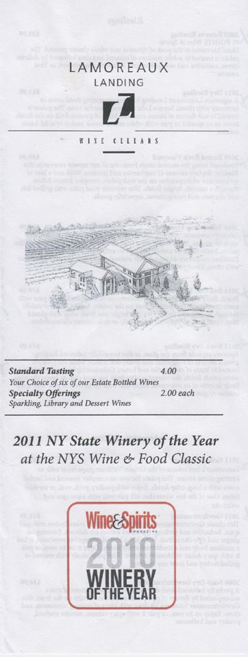 Tasting List, Lamoreaux Landing Wine Cellars, 9224 Route 414, Lodi, New York, July 4, 2012