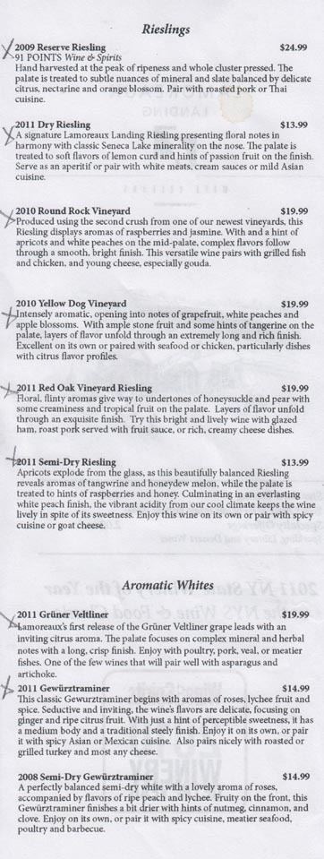 Tasting List, Lamoreaux Landing Wine Cellars, 9224 Route 414, Lodi, New York, July 4, 2012