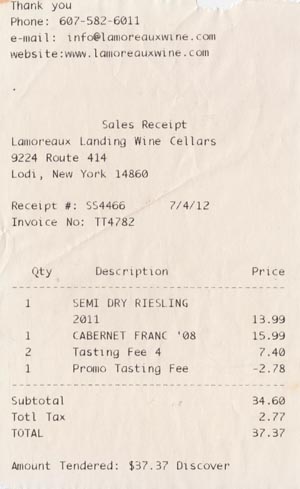 Receipt, Lamoreaux Landing Wine Cellars, 9224 Route 414, Lodi, New York, July 4, 2012