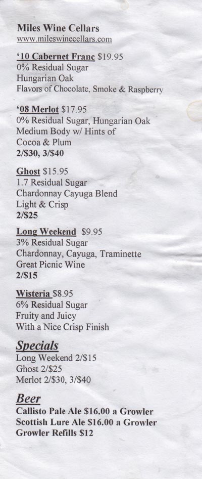 Tasting List, Miles Wine Cellars, 168 Randall Crossing Road, Himrod, New York, July 2, 2012
