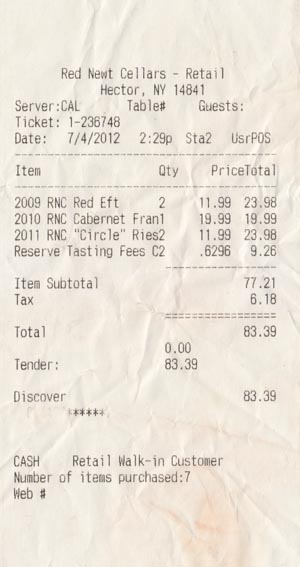 Receipt, Red Newt Cellars, 3675 Tichenor Road, Hector, New York, July 4, 2012