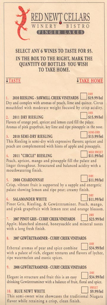 Tasting List, Red Newt Cellars, 3675 Tichenor Road, Hector, New York