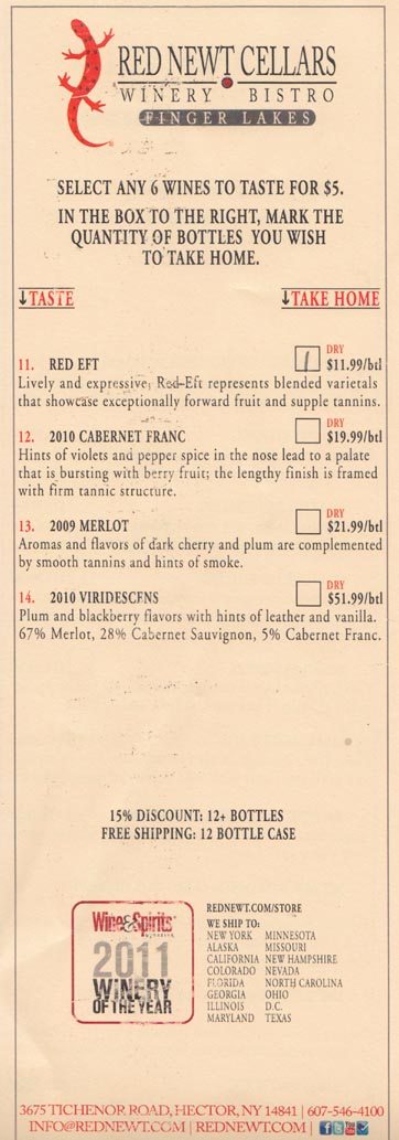 Tasting List, Red Newt Cellars, 3675 Tichenor Road, Hector, New York